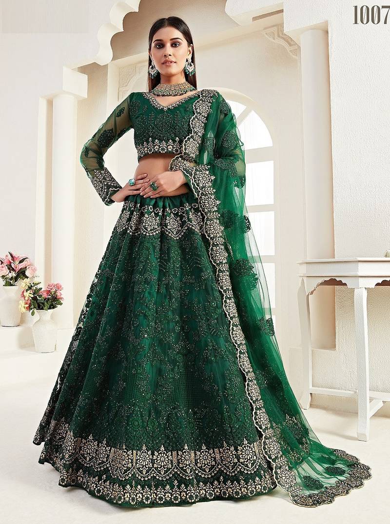 Green Embroidered Net Stone Work Lehenga Choli - Free size