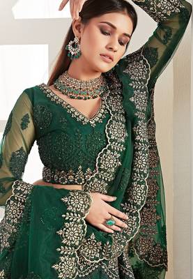 Green Embroidered Net Stone Work Lehenga Choli - Free size 2