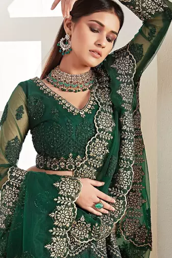 Green Embroidered Net Stone Work Lehenga Choli - Free size
