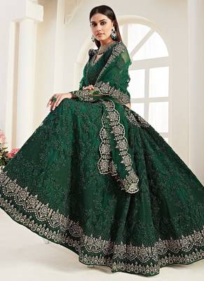 Green Embroidered Net Stone Work Lehenga Choli - Free size 3
