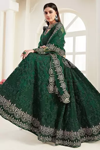Green Embroidered Net Stone Work Lehenga Choli - Free size