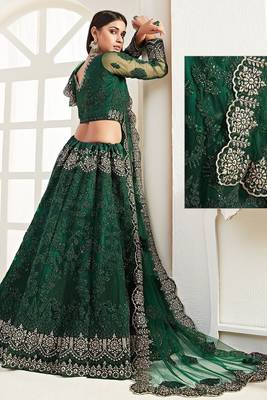 Green Embroidered Net Stone Work Lehenga Choli - Free size 4