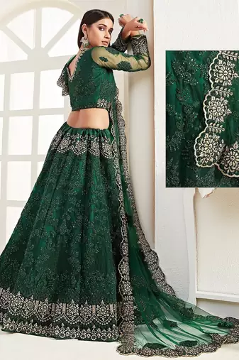 Green Embroidered Net Stone Work Lehenga Choli - Free size