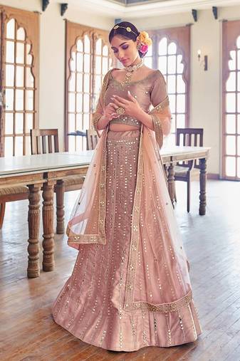 Rose Gold Embroidered Silk Blend Stone Work Lehenga Choli - Free size