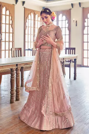 Rose Gold Embroidered Silk Blend Stone Work Lehenga Choli - Free size