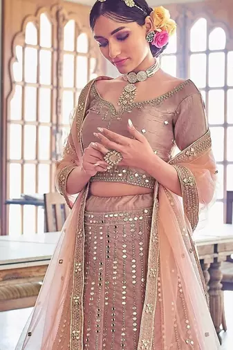 Rose Gold Embroidered Silk Blend Stone Work Lehenga Choli - Free size