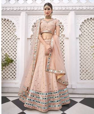 Peach Embroidered Silk Blend Stone Work Lehenga Choli - Free size 1
