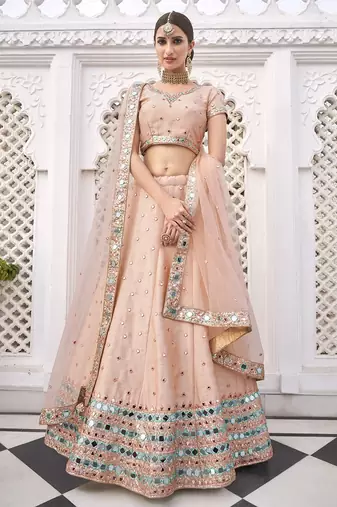 Peach Embroidered Silk Blend Stone Work Lehenga Choli - Free size