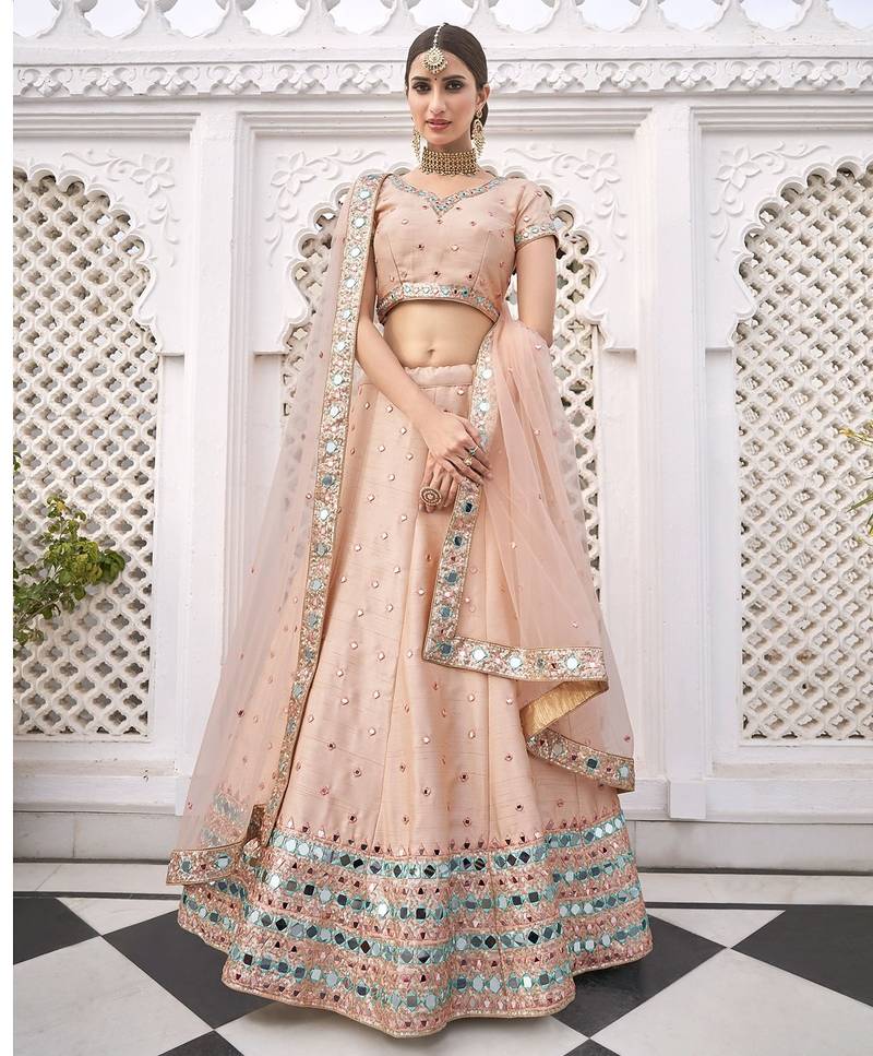 Peach Embroidered Silk Blend Stone Work Lehenga Choli - Free size