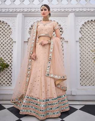 Peach Embroidered Silk Blend Stone Work Lehenga Choli - Free size 2