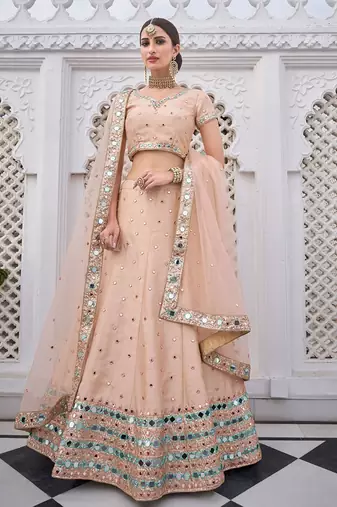 Peach Embroidered Silk Blend Stone Work Lehenga Choli - Free size