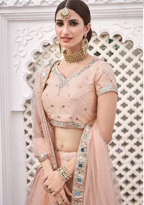 Peach Embroidered Silk Blend Stone Work Lehenga Choli - Free size 3