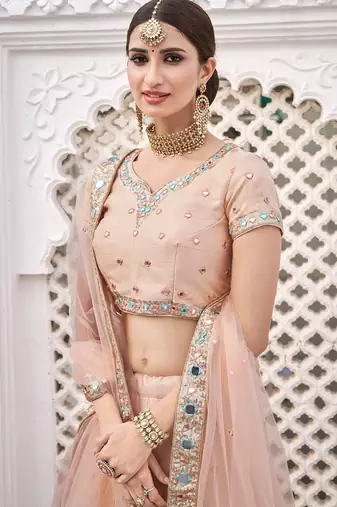 Peach Embroidered Silk Blend Stone Work Lehenga Choli - Free size