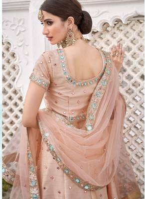 Peach Embroidered Silk Blend Stone Work Lehenga Choli - Free size 4