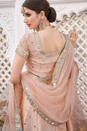 Peach Embroidered Silk Blend Stone Work Lehenga Choli - Free size
