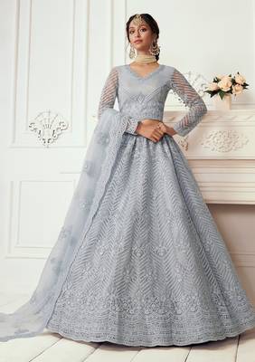 Grey Embroidered Net Stone Work Lehenga Choli - Free size 1