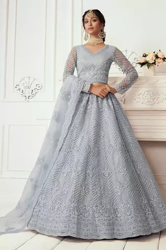 Grey Embroidered Net Stone Work Lehenga Choli - Free size