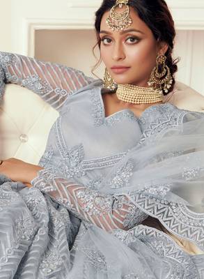 Grey Embroidered Net Stone Work Lehenga Choli - Free size 2