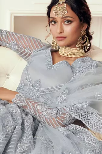 Grey Embroidered Net Stone Work Lehenga Choli - Free size