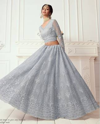 Grey Embroidered Net Stone Work Lehenga Choli - Free size 3