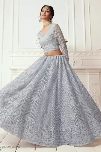 Grey Embroidered Net Stone Work Lehenga Choli - Free size