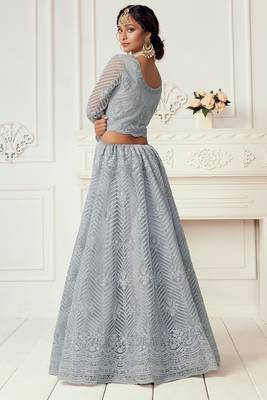 Grey Embroidered Net Stone Work Lehenga Choli - Free size 4