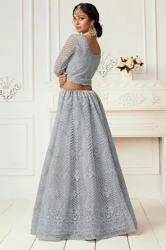 Grey Embroidered Net Stone Work Lehenga Choli - Free size