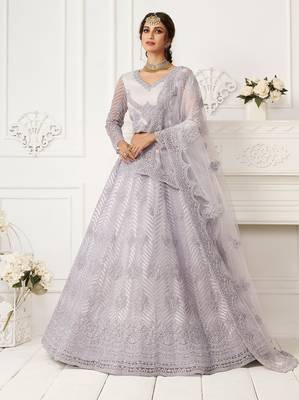 Lavender Embroidered Net Stone Work Lehenga Choli - Free size 1
