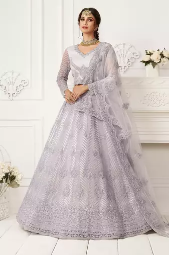 Lavender Embroidered Net Stone Work Lehenga Choli - Free size