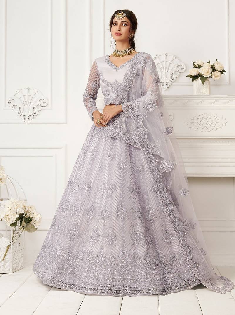Lavender Embroidered Net Stone Work Lehenga Choli - Free size