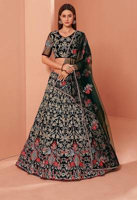 Green Net Hand Embroidery Lehenga Choli - Free size 1