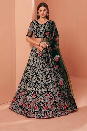 Green Net Hand Embroidery Lehenga Choli - Free size