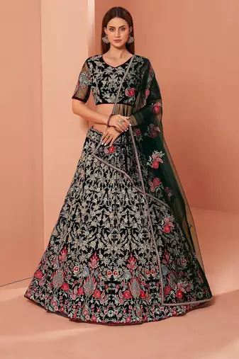 Green Net Hand Embroidery Lehenga Choli - Free size