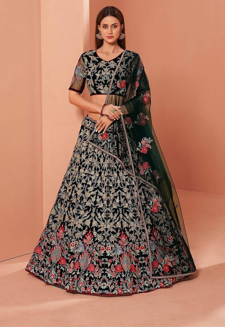 Green Net Hand Embroidery Lehenga Choli - Free size