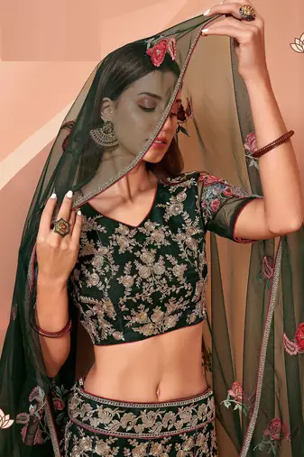 Green Net Hand Embroidery Lehenga Choli - Free size