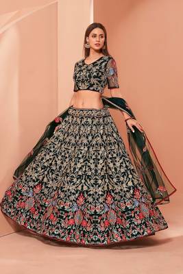 Green Net Hand Embroidery Lehenga Choli - Free size 3