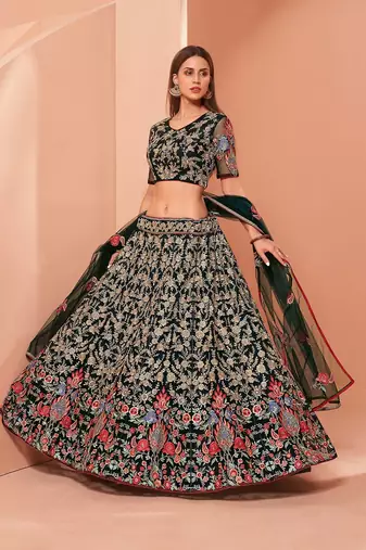 Green Net Hand Embroidery Lehenga Choli - Free size