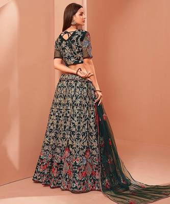 Green Net Hand Embroidery Lehenga Choli - Free size 4