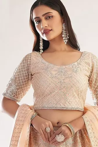 Peach Net Hand Embroidery Lehenga Choli - Free size