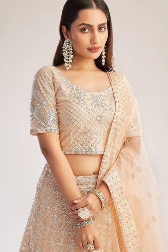 Peach Net Hand Embroidery Lehenga Choli - Free size