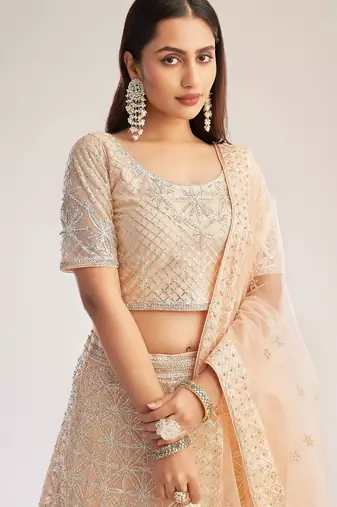 Peach Net Hand Embroidery Lehenga Choli - Free size