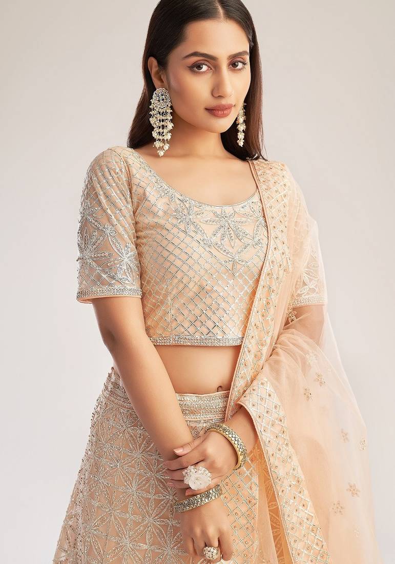 Peach Net Hand Embroidery Lehenga Choli - Free size