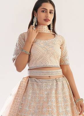 Peach Net Hand Embroidery Lehenga Choli - Free size 3