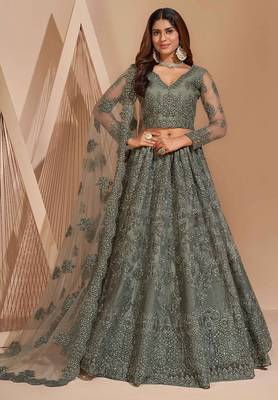 Dusty Green Embroidered Net Thread Work Lehenga Choli - Free size 1