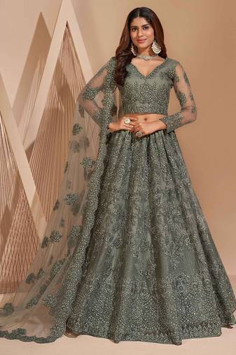 Dusty Green Embroidered Net Thread Work Lehenga Choli - Free size