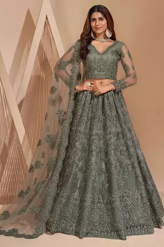 Dusty Green Embroidered Net Thread Work Lehenga Choli - Free size
