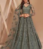 Dusty Green Embroidered Net Thread Work Lehenga Choli - Free size