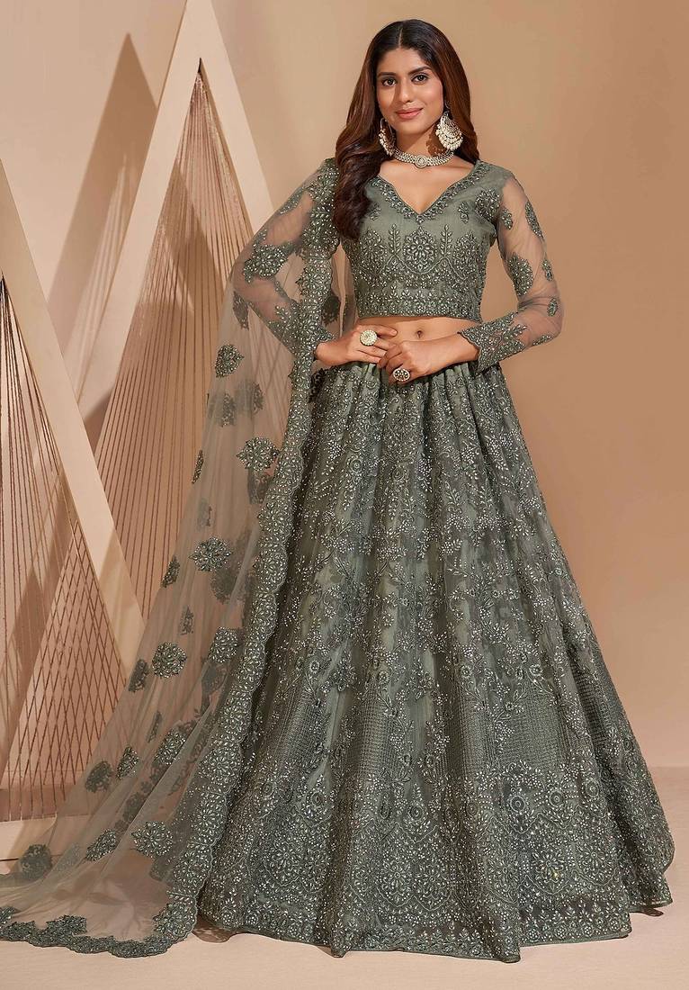 Dusty Green Embroidered Net Thread Work Lehenga Choli - Free size