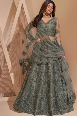 Dusty Green Embroidered Net Thread Work Lehenga Choli - Free size 3