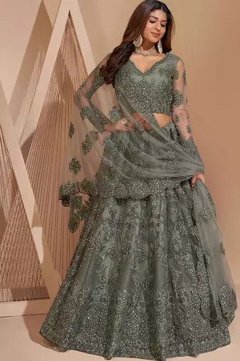 Dusty Green Embroidered Net Thread Work Lehenga Choli - Free size